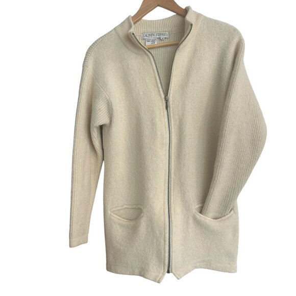 Vintage Lauren Jeffries 100% Wool Cream Full Zip Cardigan Sweater Heavy Knit - Picture 1 of 7